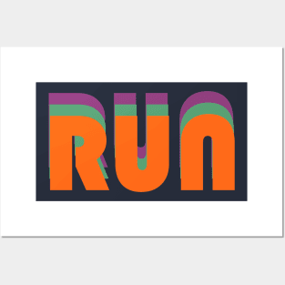 Run - inspirational retro text design - motivation (orange on blue) Posters and Art